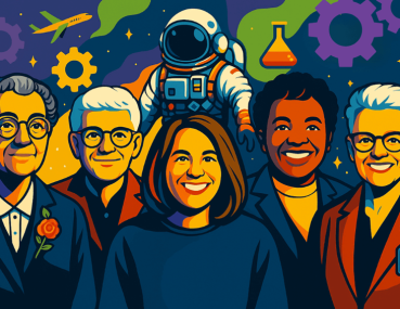 Illustrated diverse group of engineers and scientists with space, aviation, and engineering symbols representing female pioneers who shaped modern technology