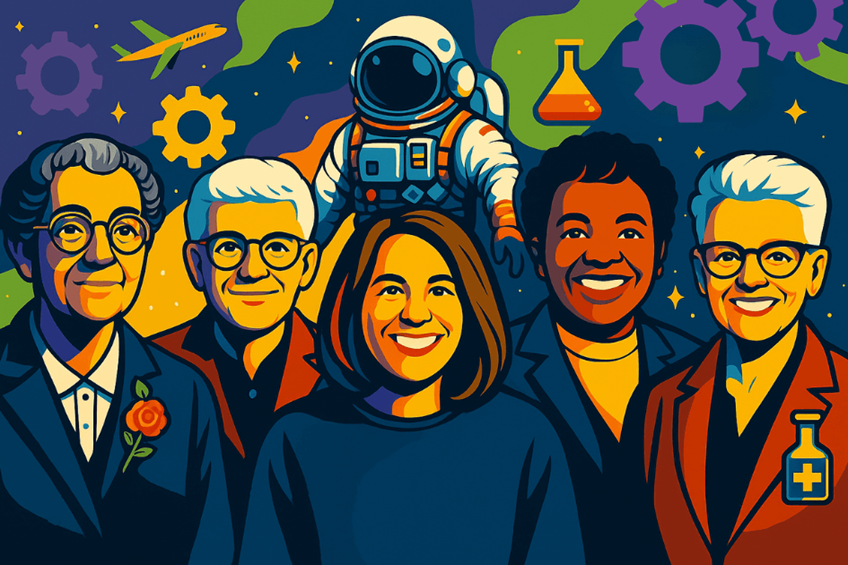 women_s_equality_day Illustrated diverse group of engineers and scientists with space, aviation, and engineering symbols representing female pioneers who shaped modern technology